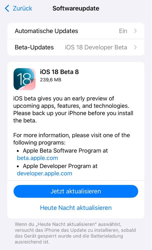 新化苹果手机维修分享苹果 iOS / iPadOS 18 开发者预览版 Beta 8 发布 